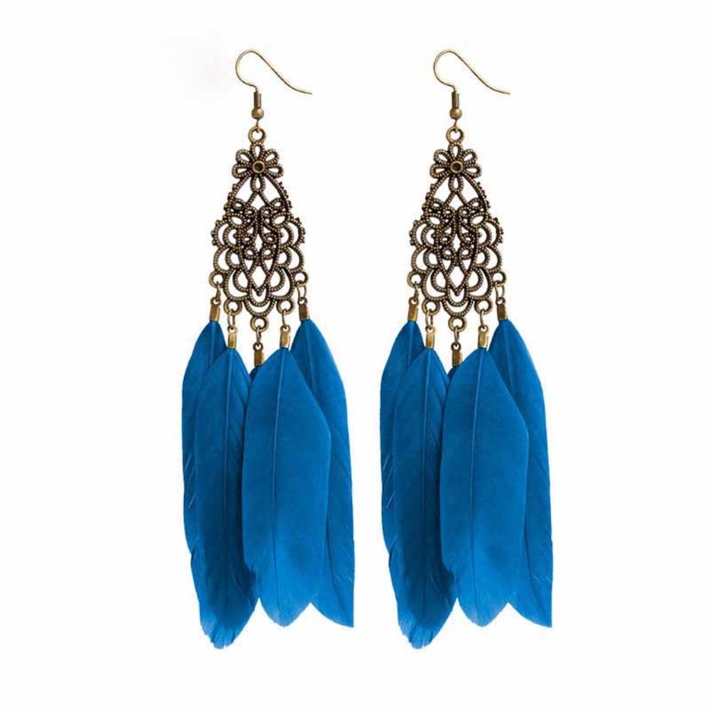 Blue Boho raven feather earrings filigree